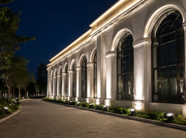 Building facade illuminated with permanent IP67-rated outdoor LED fixtures at night showing architectural lighting design