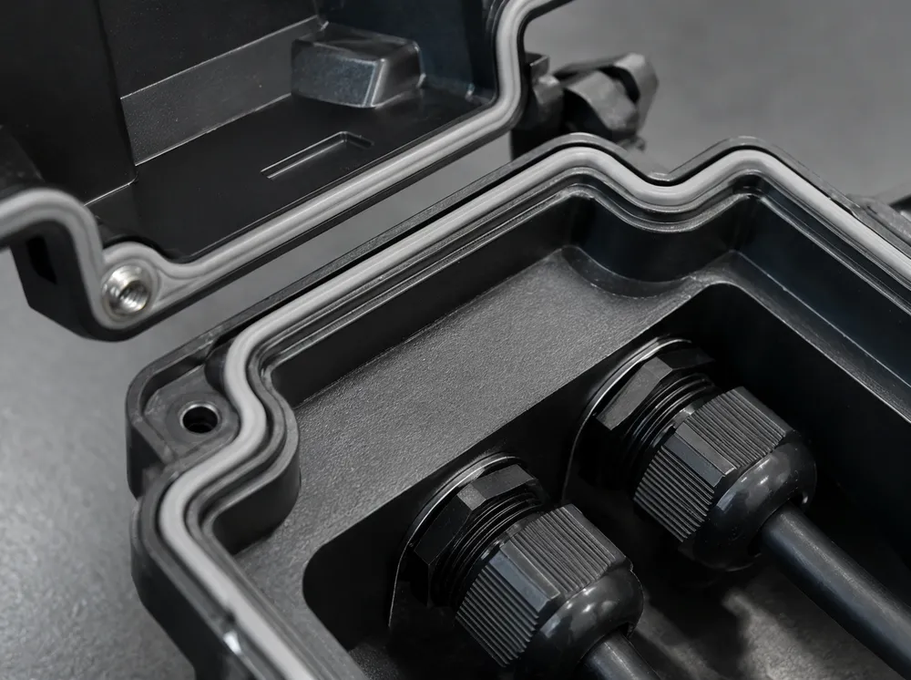 Close-up of silicone gasket sealing system on outdoor stage lighting fixture housing showing O-ring channel machining