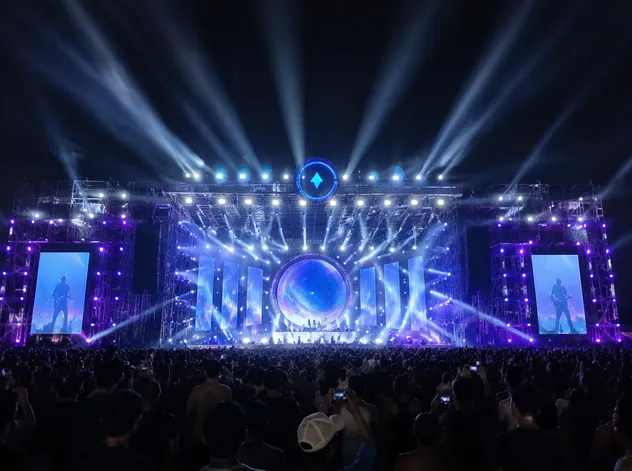 Music festival main stage illuminated with outdoor-rated IP65 wash fixtures and moving heads at night