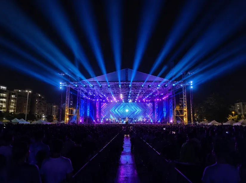 Night stage lighting demonstrating 20-meter throw with saturated color output on outdoor festival stage
