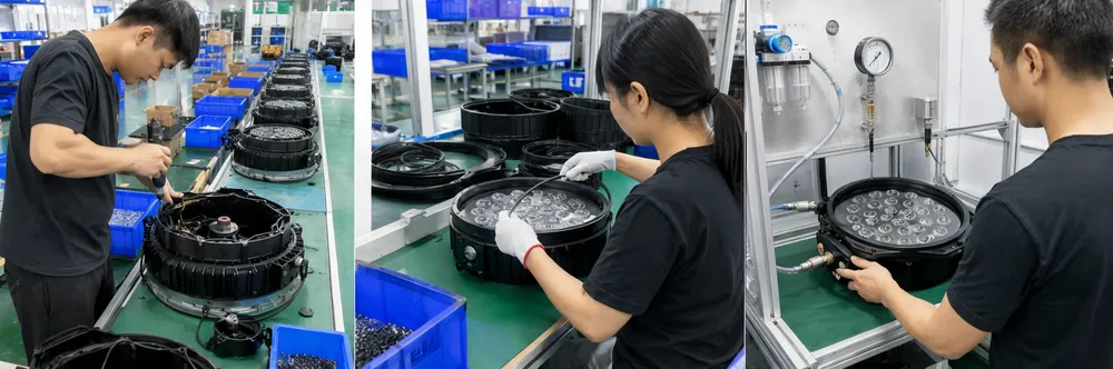 GDMonkey outdoor stage lighting production line showing separate housing assembly, O-ring sealing, and pneumatic pressure testing stations