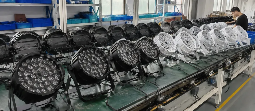 Custom branded par lights showing OEM white-label and ODM engineered variants on production line