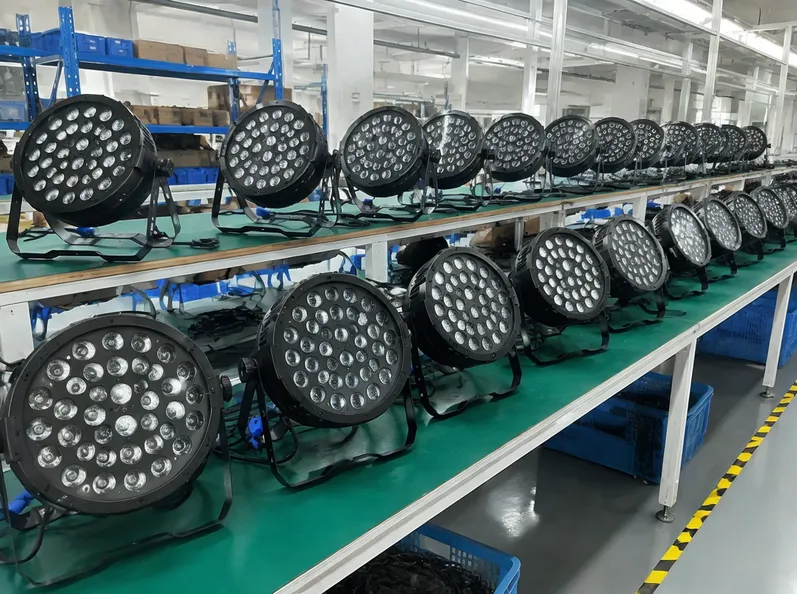 LED par light range from compact 54×3W to full-size 18×18W RGBWA+UV models on production line