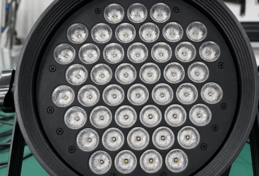 Close-up of precision TIR lens array inside GDMonkey par light fixture showing individual PMMA optics matched to LED chip positions