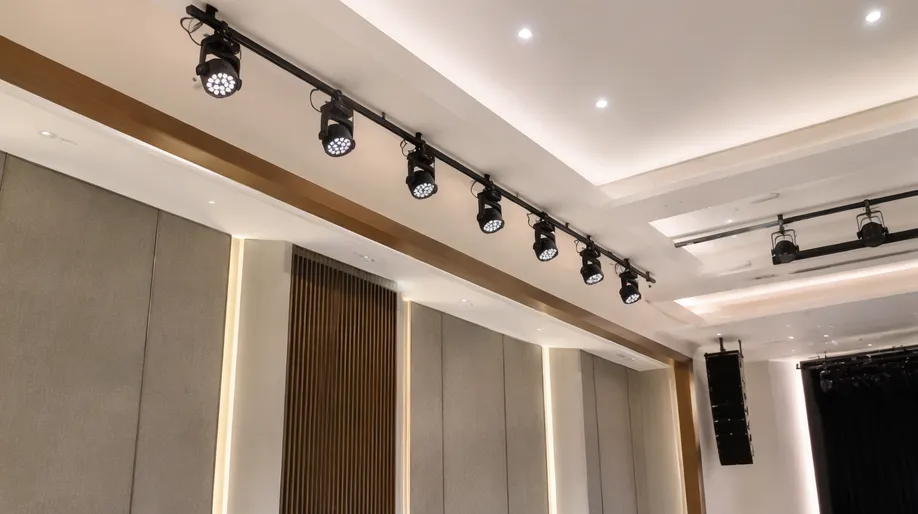 Par light fixtures in permanent architectural installation at a hotel or theater venue with Art-Net control integration for building management systems
