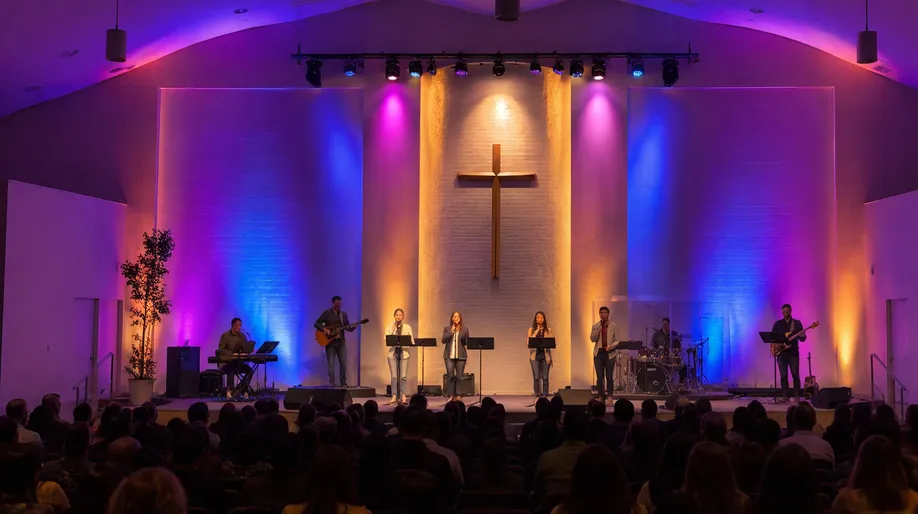 Par light fixtures installed in a house of worship providing warm amber and saturated color wash lighting for modern worship services