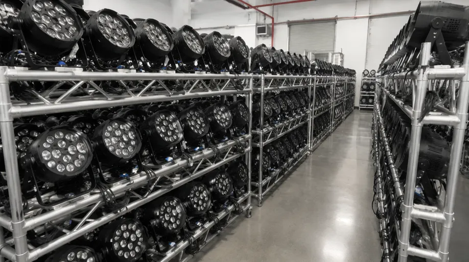 Rows of par light fixtures organized in rental warehouse on truss racks ready for event deployment