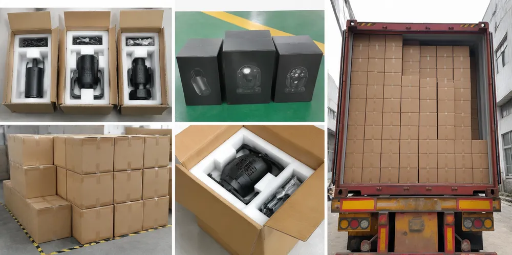 DJ spotlight container loading layout showing packed master cartons with EPE foam inserts and retail-ready box packaging