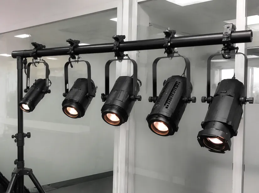 Compact DJ spotlight lights arranged on T-bar mount showing pin spot and mini profile configurations