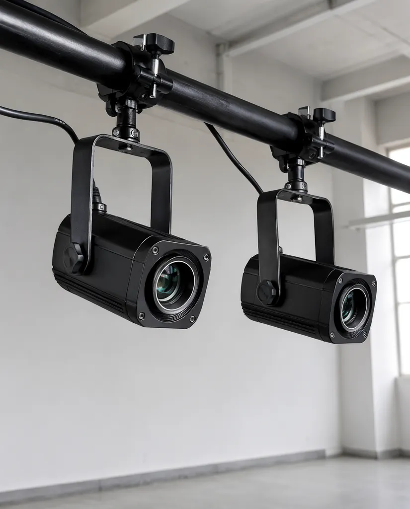 DJ spotlight light mounted on T-bar showing compact form factor for mobile entertainment setup