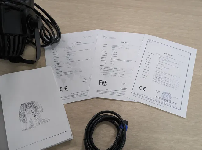 CE and FCC certification documentation included with DMX spotlight shipments