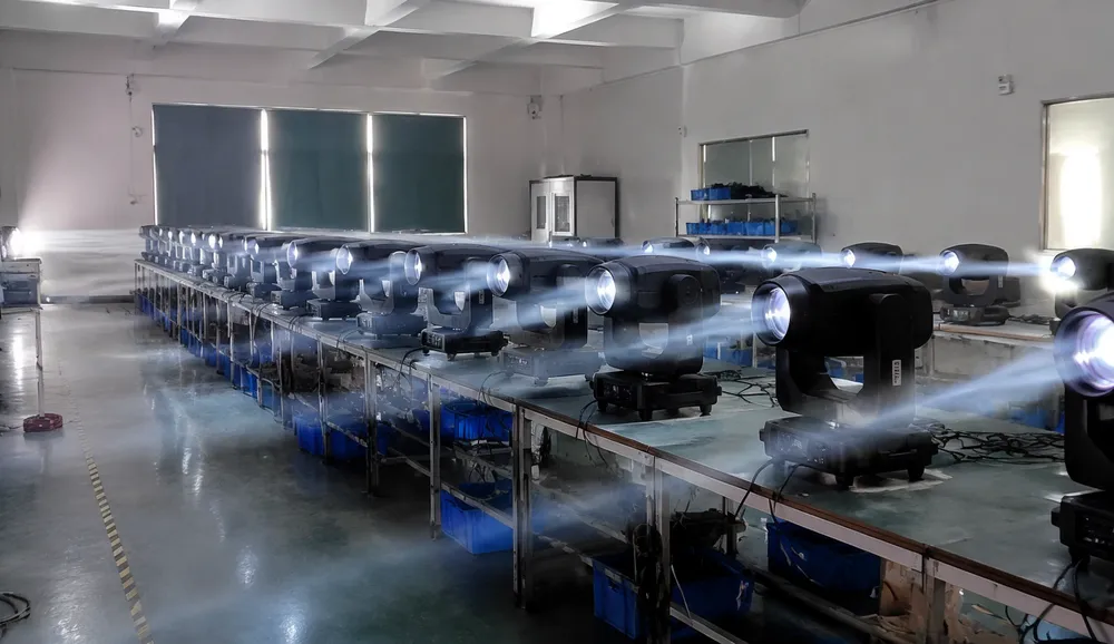 DMX spotlight quality verification testing setup with chained fixtures under full-universe stress test