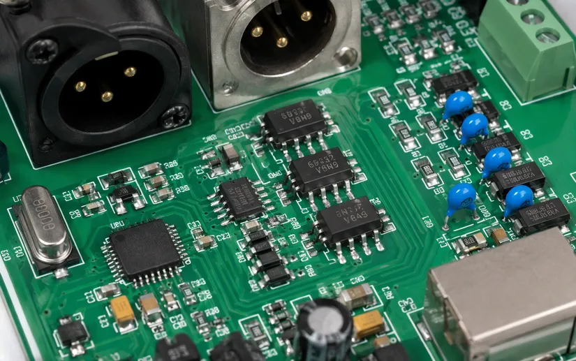 Close-up of opto-isolated DMX receiver circuit board with transient voltage suppression components
