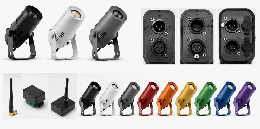 DMX spotlight customization options including connector configurations, housing colors, and wireless module integration