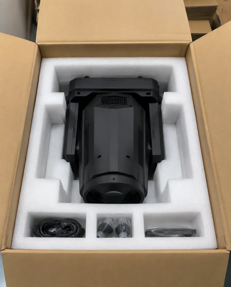 DMX spotlight in molded EPE foam packaging with transit protection