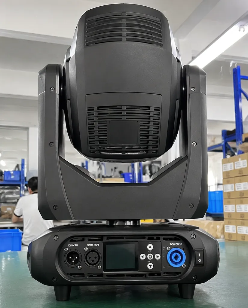DMX stage lighting spotlight with visible DMX connector and control panel