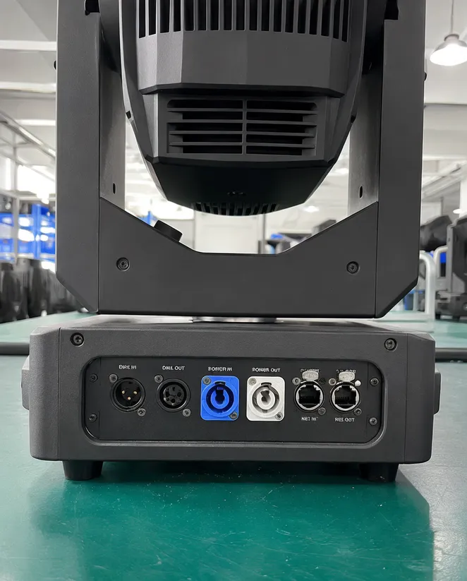 DMX spotlight showing connector panel with 5-pin XLR, powerCON TRUE1 and RJ45 ports
