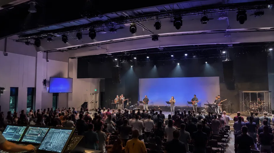 DMX spotlight system installed in a modern worship campus for livestreaming