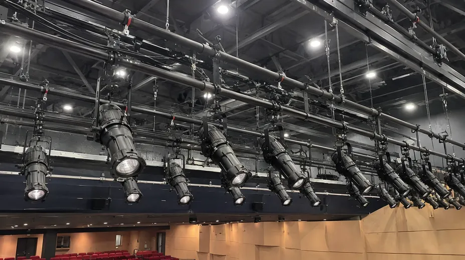 DMX spotlights installed in a professional theatre auditorium lighting grid