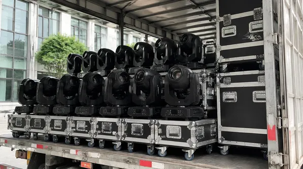Fleet of moving head spotlights loaded for rental production event