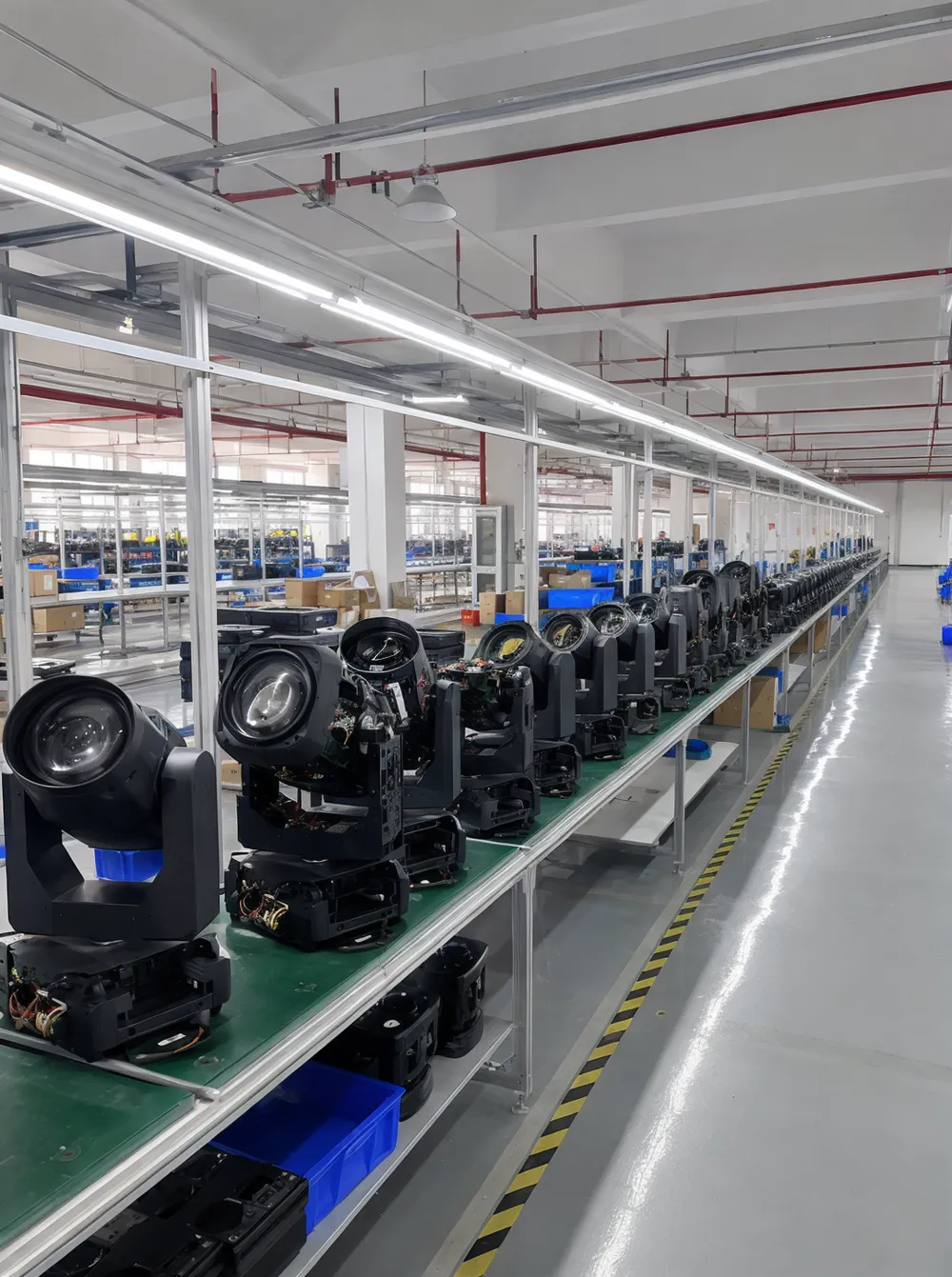 GDMonkey stage lighting spotlight production facility in Guangdong, China — 16,700 square meter factory floor with automated assembly lines