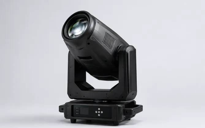 Moving head stage lighting spotlight with motorized pan/tilt mechanism and gobo rotation