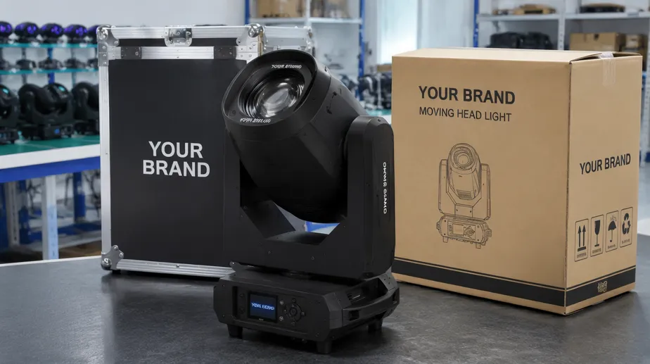 OEM spotlight with custom branding applied to housing and packaging