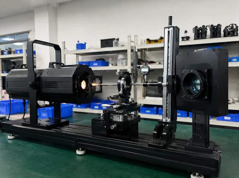 GDMonkey optical calibration rig verifying lens-to-source alignment on a profile spotlight during production