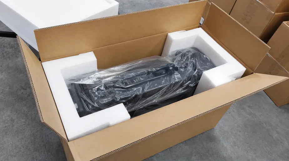 Spotlight export packaging with EPE foam inserts and double-wall master carton