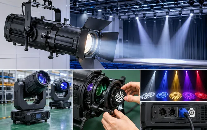 Theatre stage lighting spotlight with framing shutters and gobo slot — fixed-installation LED profile fixture