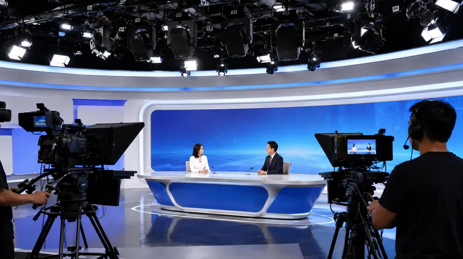 Moving head spotlights in a broadcast studio environment with cameras
