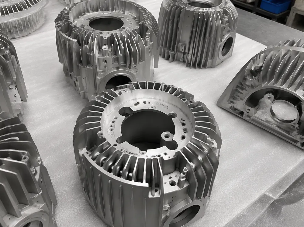 CNC-machined die-cast aluminum housing with omnidirectional heatsink fin pattern for moving head spotlight