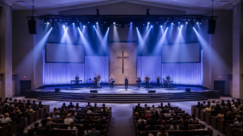 Moving head spotlights illuminating a modern church sanctuary stage