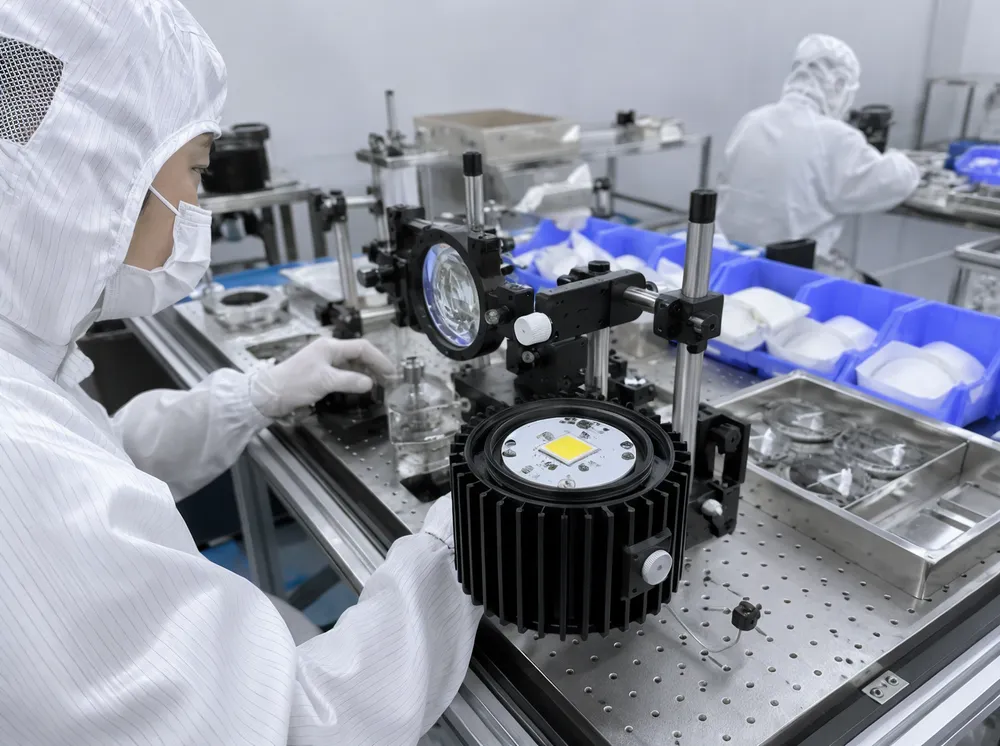 LED module and optical assembly in ISO Class 8 cleanroom environment with precision alignment jigs