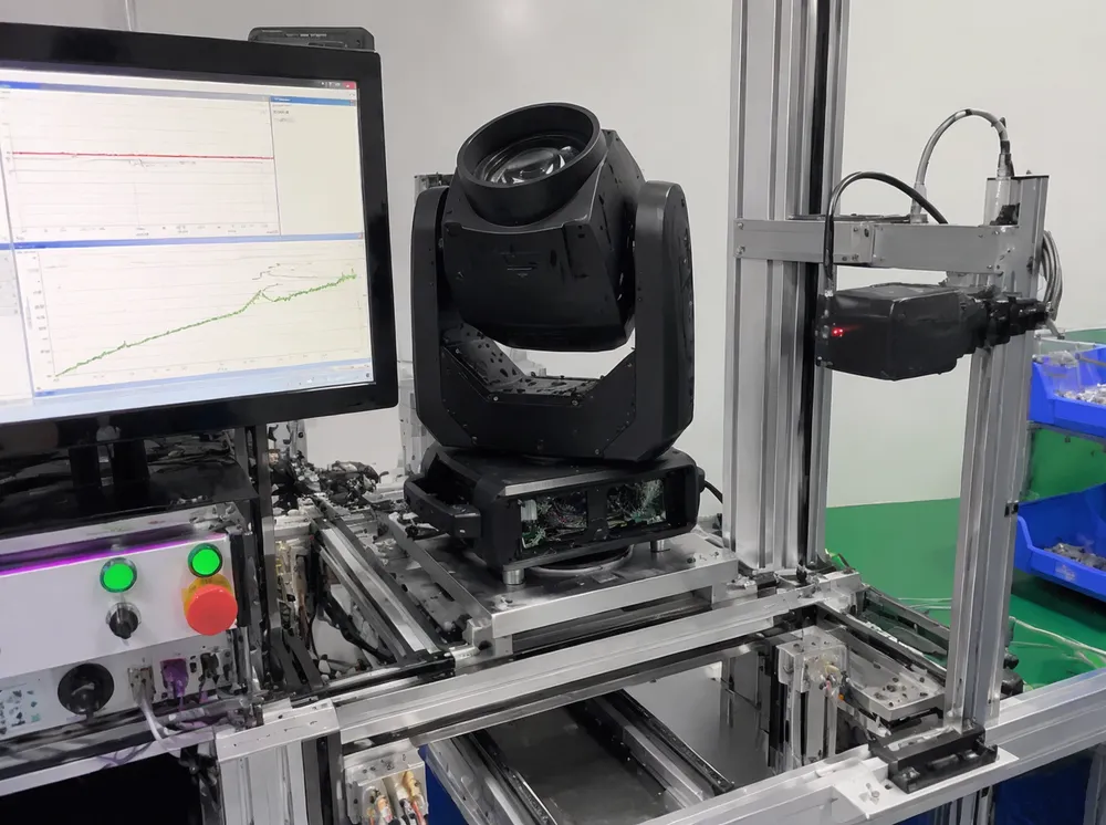 Automated motor calibration test rig with laser position sensor verifying 65536 encoder steps