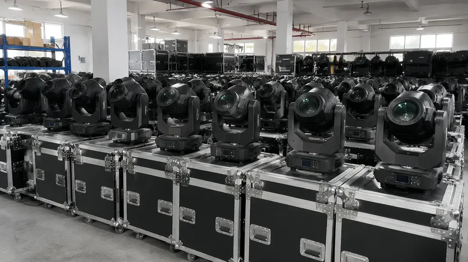 Moving head spotlight fleet in a production rental warehouse with road cases