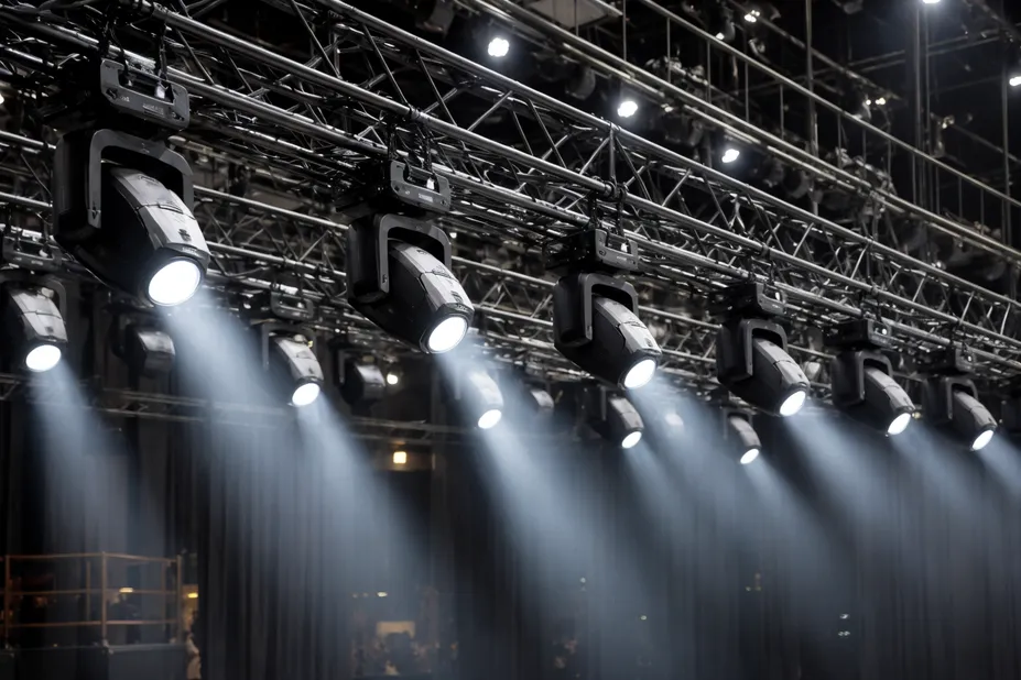 Moving head spotlights installed in a performing arts theatre rigging grid