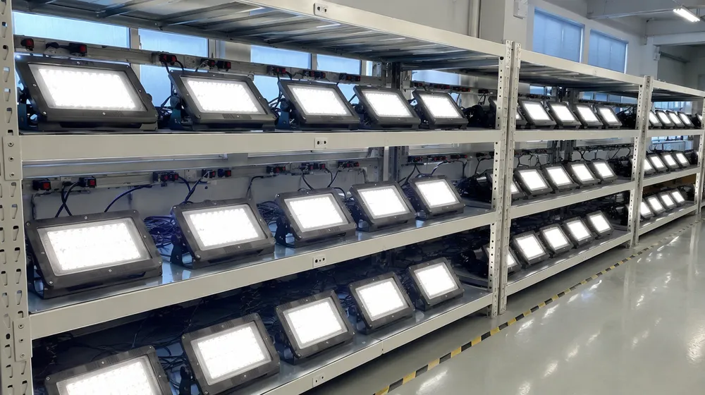 Flood light fixtures running full-load 48-hour aging burn-in test on factory rack