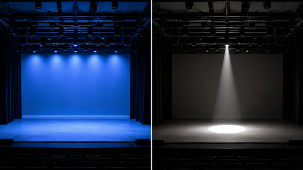 Coverage comparison — flood light wide-beam wash versus spotlight narrow beam on stage