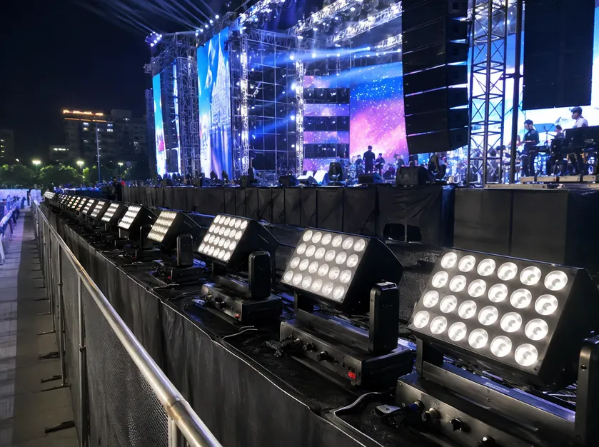 Stage flood lights deployed at a large-scale rental event production