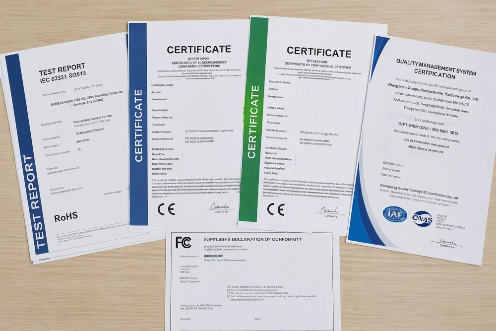 Theatre spotlight compliance certification documents including CE, FCC, and ISO 9001 reports