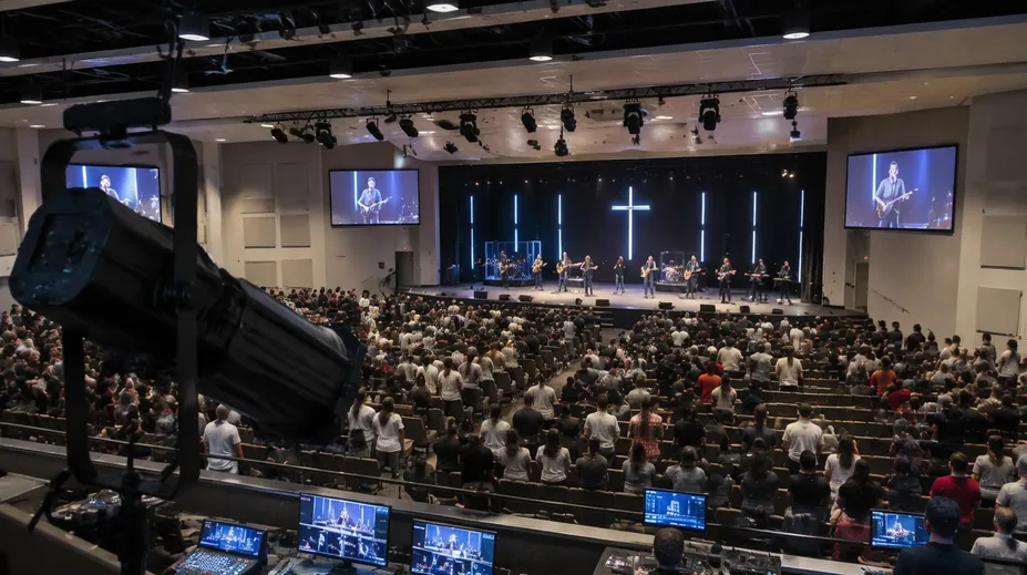 Large worship facility with theatrical-quality profile spotlights for livestreamed services