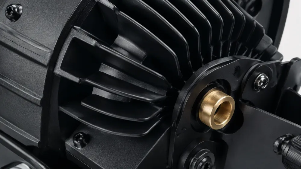 Close-up of oversized convex heatsink fins and sintered bronze shutter bushing on theatre spotlight fixture