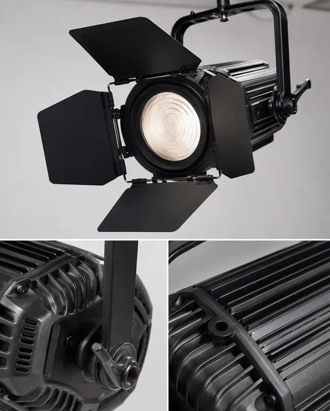 Theatre stage lighting spotlight fixture showing die-cast aluminum housing, framing shutters, and CNC-machined heatsink detail