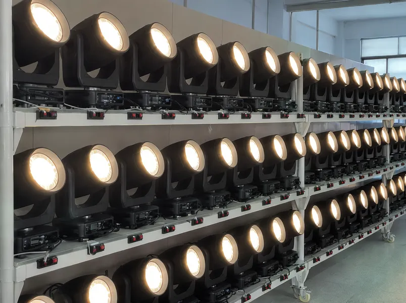 Warm white spotlights on 48-hour burn-in aging test rack at full load