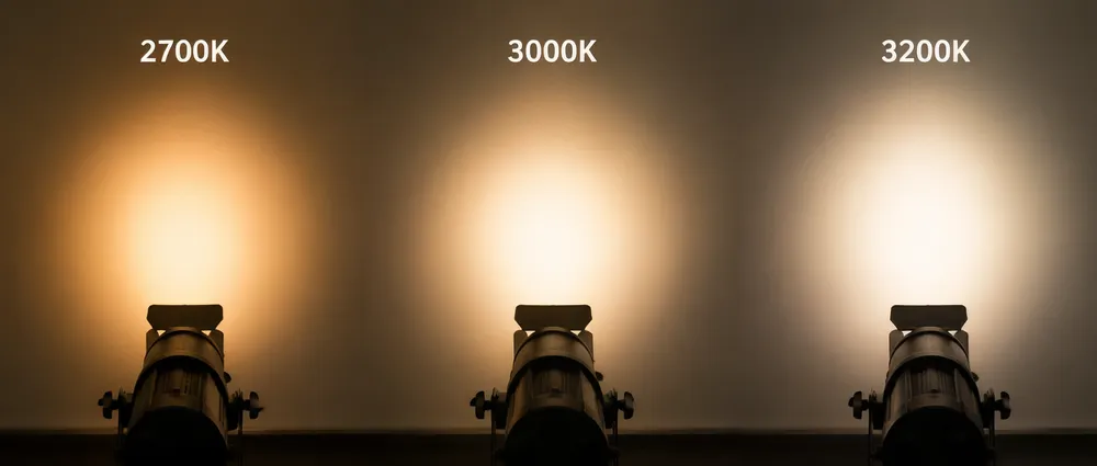 Color temperature comparison showing 2700K, 3000K, and 3200K warm white LED spotlight output side by side