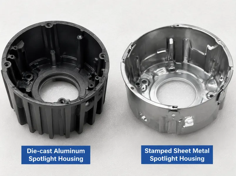 Die-cast aluminum spotlight housing compared to stamped sheet metal