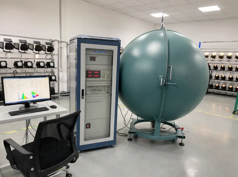 Post-aging integrating sphere measurement verifying lumen output, CCT, CRI, and beam angle
