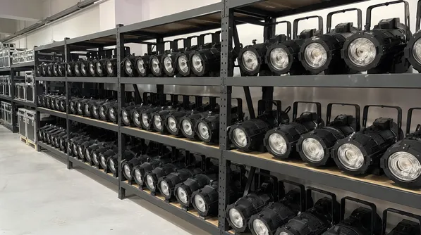 Rental house warehouse with warm white spotlight inventory on shelves
