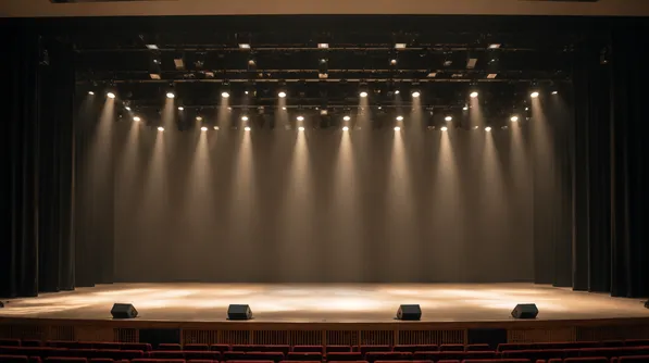 Municipal theatre with warm white spotlight array illuminating stage